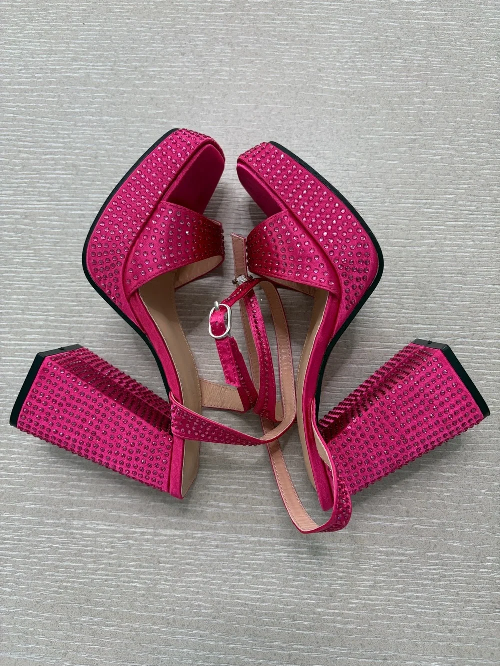 Rhinestone Satin Platform Sandals in Fuchsia Pink